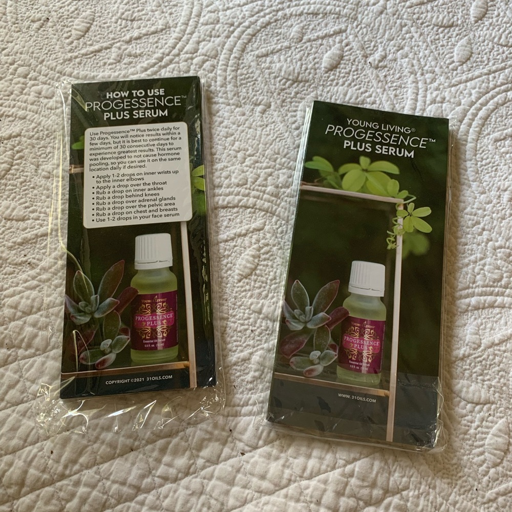Young Living Progessence Plus Serum Pamphlets with Green and White Accents